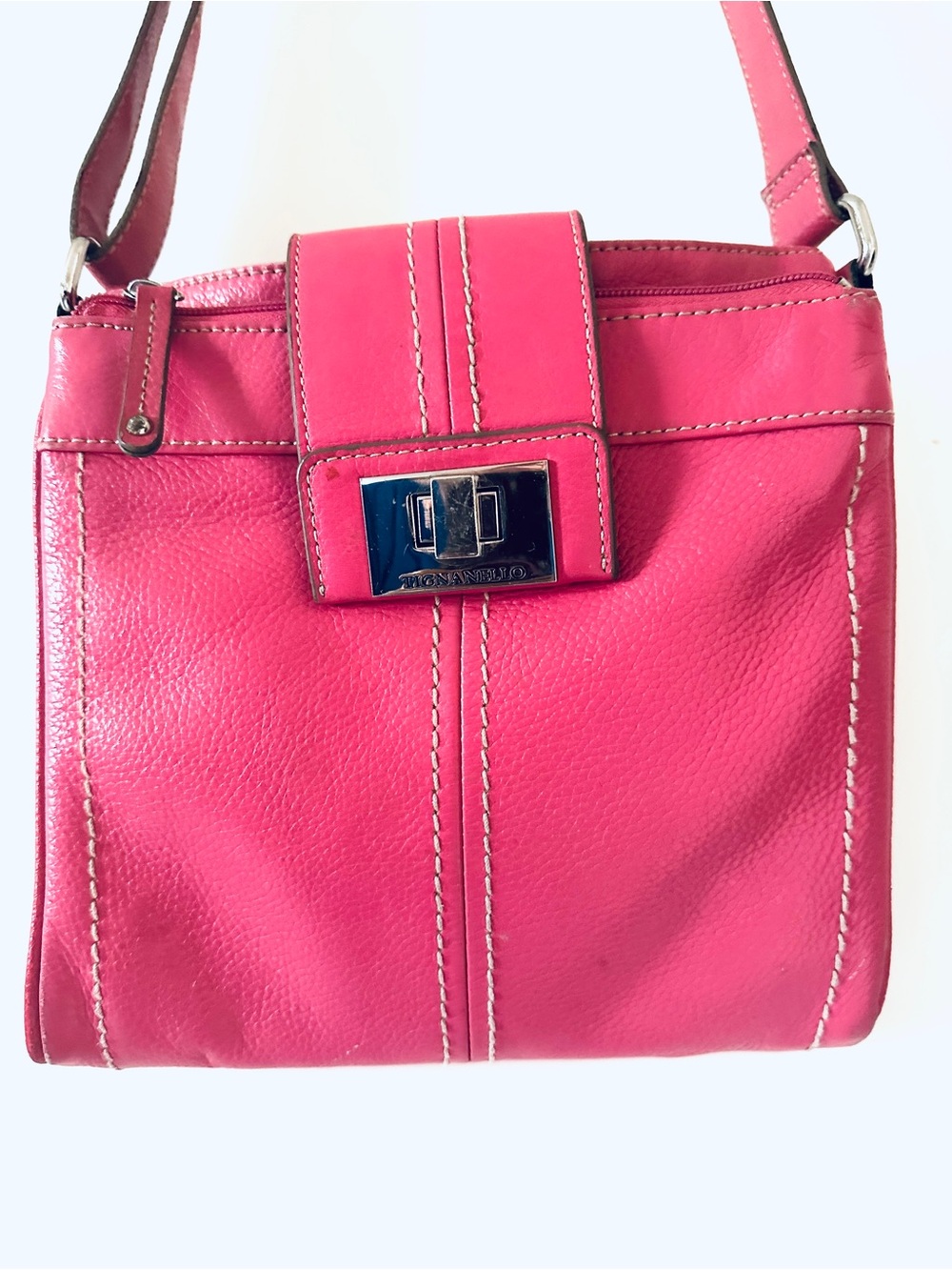 Tignanello Pink Pebbled Leather Organizer Crossbody with Silver-Tone Hardware